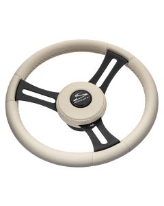 Schmitt Marine Torcello Elite 14" Wheel - Beige Leather & Cap - White Stitching - Black SS Spokes - 3/4" Tapered Shaft