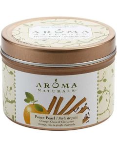 Peace Pearl Aromatherapy One 2.5x1.75 Inch Tin Soy Aromatherapy Candle.  Combines The Essential Oils Of Orange, Clove & Cinnamon To Create A Warm And Comfortable Atmosphere.  Burns Approx. 15 Hrs. For Unisex