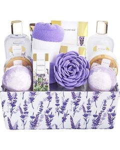 Spa Luxetique Lavender Bath & Shower Basket: Shower Gel + Bubble Bath +  Body Lotion + Hand Cream + Massage Oil + Bath Salt + Body Scrub + Soap + 2x Bath Bombs + Bath Loofah + Hair Drying Towel + Handmade Box --10pcs + Box For Women