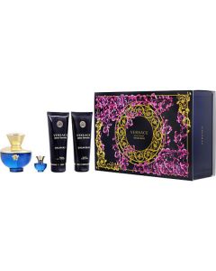 Versace Dylan Blue Eau De Parfum Spray 3.4 Oz & Body Lotion 3.4 Oz & Shower Gel 3.4 Oz & Eau De Parfum 0.17 Oz Mini For Women