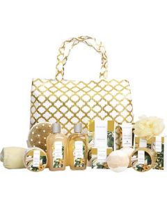 Spa Luxetique Vanilla Fashion Bath Tote: Shower Gel + Bubble Bath + Bath Salt + Body Scrub + Hand Cream + Body Lotion + Massage Oil + Shampoo Bar + Soap + 2x Bath Bombs + Bath Loofah + Body Brush + Hair Drying Towel + Tote Bag --13pcs + Bag For Women