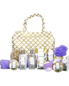 Spa Luxetique Lavender Fashion Bath Tote: Shower Gel + Bubble Bath + Bath Salt + Body Scrub + Hand Cream + Body Lotion + Massage Oil + Shampoo Bar + Soap + 2x Bath Bombs + Bath Loofah + Body Brush + Hair Drying Towel + Tote Bag --13pcs + Bag For Women