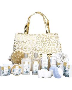 Spa Luxetique White Jasmine Fashion Bath Tote: Shower Gel + Bubble Bath + Bath Salt + Body Butter + Hand Cream + Body Lotion + Essential Oil + Shampoo Bar + 2x Bath Bombs + Hair Towel + Body Brush + Sponge + Soap Petals + Tote --13pcs + Bag For Women