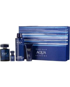 Perry Ellis Aqua Extreme Edt Spray 3.4 Oz & Deodorant Body Spray 6.8 Oz & Shower Gel 1.7 Oz & Edt Spray 0.25 Oz Mini For Men