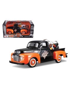 1948 Ford F-1 Pickup Truck with 1958 Harley Davidson FLH Duo Glide Motorcycle Orange and Black 1/24 Diecast Models by Maisto