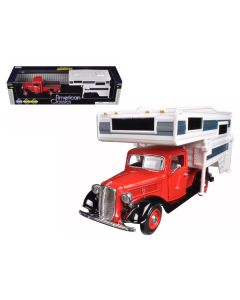 1937 Ford Pickup Truck with Camper Shell Red and White 1/24 Diecast Model Car by Motormax