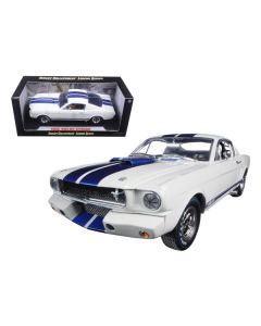 1965 Ford Mustang Shelby GT350R White with Blue Stripes and Printed Carroll Shelby's Signature on the Roof 1/18 Diecast Model Car by Shelby Collectibles