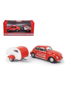 1967 Volkswagen Beetle Red with Teardrop Travel Trailer Red and White "Coca-Cola" 1/43 Diecast Model Car by Motorcity Classics