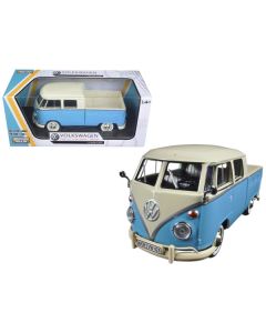 Volkswagen Type 2 (T1) Double Cab Pickup Truck Light Blue and Cream 1/24 Diecast Model Car by Motormax