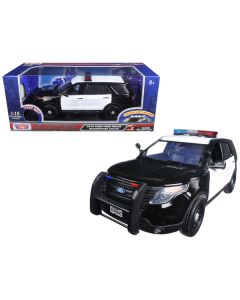 2015 Ford Police Interceptor Utility Black and White with Flashing Light Bar and Front and Rear Lights and 2 Sounds 1/18 Diecast Model Car by Motormax