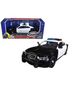 2011 Dodge Charger Pursuit Police Car Black and White with Flashing Light Bar and Front and Rear Lights and 2 Sounds 1/24 Diecast Model Car by Motormax