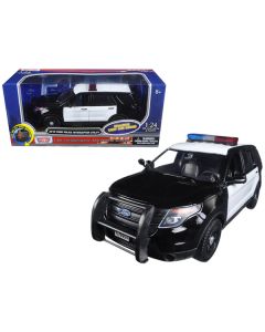 2015 Ford Police Interceptor Utility Black and White with Flashing Light Bar and Front and Rear Lights and 2 Sounds 1/24 Diecast Model Car by Motormax