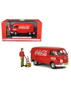 1963 Volkswagen Type 2 (T1) "Coca-Cola" Cargo Van with Delivery Driver Figurine with Handcart and Two Bottle Cases 1/24 Diecast Model Car by Motorcity Classics