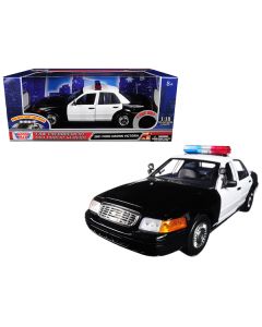 2001 Ford Crown Victoria Police Car Plain Black & White with Flashing Light Bar & Front and Rear Lights and Sound 1/18 Diecast Model Car by Motormax