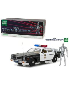 1977 Dodge Monaco Metropolitan Police with T-800 Endoskeleton Figurine "The Terminator" (1984) Movie 1/18 Diecast Model Car by Greenlight