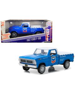 1967 Ford F-100 with Bed Cover "Chevron Full Service" Blue with White Top Running on Empty Series 1/24 Diecast Model Car by Greenlight