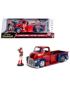 1952 Chevrolet COE Pickup Truck Candy Red and Blue with Wonder Woman Diecast Figure "DC Comics Bombshells" Series "Hollywood Rides" 1/24 Diecast Model Car by Jada