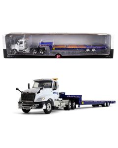 International LT Day Cab "Komatsu" with "Ledwell" Hydratail Trailer White and Blue 1/34 Diecast Model by First Gear