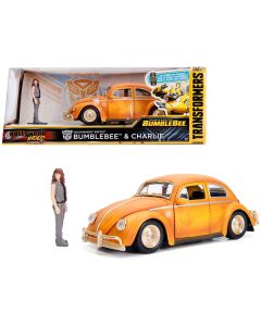 Volkswagen Beetle Weathered Yellow with Robot on Chassis and Charlie Diecast Figurine "Bumblebee" (2018) Movie ("Transformers" Series) "Hollywood Rides" Series 1/24 Diecast Model Car by Jada