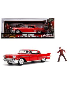 1958 Cadillac Series 62 Red with Freddy Krueger Diecast Figurine "A Nightmare on Elm Street" Movie 1/24 Diecast Model Car by Jada