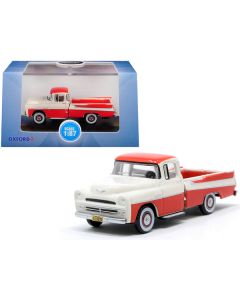 1957 Dodge D100 Sweptside Pickup Truck Tropical Coral and Glacier White 1/87 (HO) Scale Diecast Model Car by Oxford Diecast