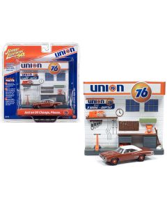 1970 Dodge Coronet Super Bee Brown with White Top and "Union 76" Interior Service Gas Station Facade Diorama Set "Johnny Lightning 50th Anniversary" 1/64 Diecast Model Car by Johnny Lightning