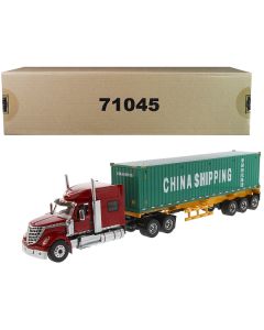 International LoneStar Sleeper Cab Red with Skeleton Trailer and 40' Dry Goods Sea Container 