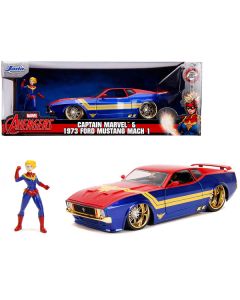 1973 Ford Mustang Mach 1 with Captain Marvel Diecast Figurine "Avengers" "Marvel" Series 1/24 Diecast Model Car by Jada