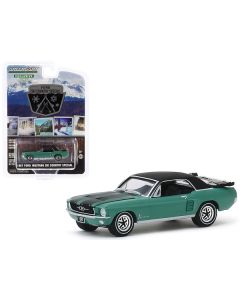 1967 Ford Mustang Coupe Loveland Green Metallic with Black Stripes and Black Top and a Pair of Skis "Ski Country Special" "Hobby Exclusive" 1/64 Diecast Model Car by Greenlight