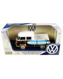 Volkswagen Type 2 (T1) Pickup White and Yellow with Wood Paneling with Surfboard 1/24 Diecast Model Car by Motormax