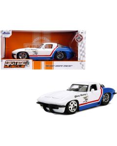 1963 Chevrolet Corvette Stingray White and Blue with Red Stripe "Chevy Racing" "Bigtime Muscle" 1/24 Diecast Model Car by Jada