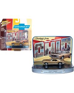 1967 Chevrolet Camaro Gold with Gold Interior with Collectible Tin Display "The First Chevrolet Camaro" "Greetings from Norwood - Birth Place of the Camaro" 1/64 Diecast Model Car by Johnny Lightning