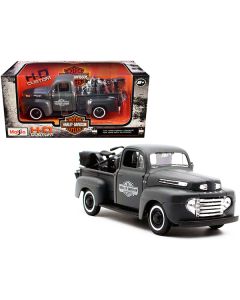 1948 Ford F-1 Pickup Truck and 1942 Harley-Davidson WLA Flathead Motorcycle Matt Dark Gray "Harley-Davidson Custom" 1/24 Diecast Models by Maisto