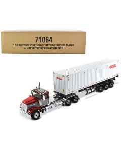 Western Star 4900 SF Tandem Day Cab Truck Tractor Red and Gray with 40' Dry Goods Sea Container 