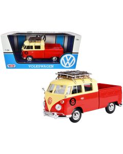 Volkswagen Type 2 (T1) #8 Pickup Truck with Roof Rack and Luggage Red and Yellow 1/24 Diecast Model Car by Motormax