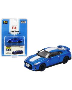 Nissan GT-R RHD (Right Hand Drive) Bayside Blue with White Stripe "50th Anniversary Edition" Limited Edition to 1200 pieces 1/64 Diecast Model Car by Era Car