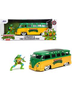 1962 Volkswagen Bus Yellow and Green with Leonardo Diecast Figurine "Teenage Mutant Ninja Turtles" TV Series 1/24 Diecast Model Car by Jada