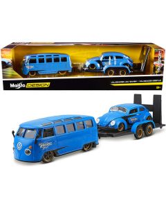 Volkswagen Van Samba with Volkswagen Beetle and Flatbed Trailer Blue "Kool Kafers" Set of 3 pieces "Elite Transport" Series 1/24 Diecast Model Cars by Maisto