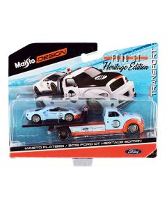 2019 Ford GT #9 Heritage Edition with Flatbed Truck Light Blue and Orange "Elite Transport" Series 1/64 Diecast Model Cars by Maisto