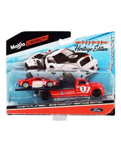 2018 Ford GT #1 Heritage Edition with Flatbed Truck Red with White Stripes "Elite Transport" Series 1/64 Diecast Model Cars by Maisto