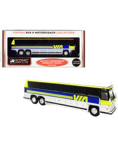 1980 MCI MC-9 Crusader II Intercity Coach Bus "Via Rail" (Canada) Yellow and Silver with Blue Stripes "Vintage Bus & Motorcoach Collection" 1/87 (HO) Diecast Model by Iconic Replicas