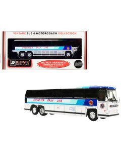 1980 MCI MC-9 Crusader II Intercity Coach Bus "Brewster Gray Line" (Canada) White and Silver with Stripes "Vintage Bus & Motorcoach Collection" 1/87 (HO) Diecast Model by Iconic Replicas