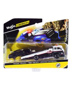 1987 Buick Grand National Matt Black with Red Stripes and Ramp Truck Black and White "Elite Transport" Series 1/64 Diecast Models by Maisto