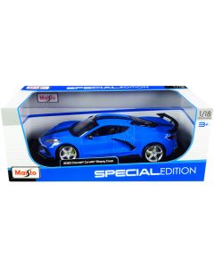 2020 Chevrolet Corvette Stingray C8 Coupe with High Wing Blue with Black Stripes 1/18 Diecast Model Car by Maisto