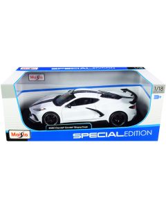 2020 Chevrolet Corvette Stingray C8 Coupe with High Wing White with Black Stripes 1/18 Diecast Model Car by Maisto