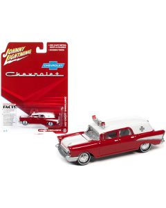 1957 Chevrolet Ambulance Kosmos Red and White with White Interior 1/64 Diecast Model Car by Johnny Lightning