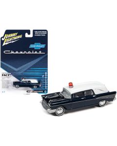 1957 Chevrolet Hearse Metisse Blue Metallic with White Top 1/64 Diecast Model Car by Johnny Lightning