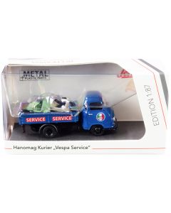 Hanomag Kurier Transporter "Vespa Service" Blue with 2 Vespas (Green and Cream) 1/87 (HO) Diecast Models by Schuco