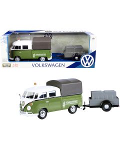 Volkswagen T1 Pickup with Canopy Green and White with Trailer "Road Service" 1/24 Diecast Model Car by Motormax