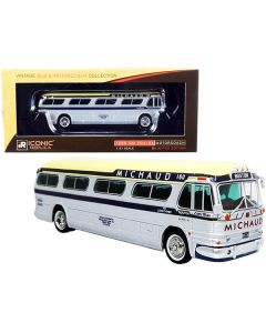 1959 GM PD4104 Motorcoach Bus "Boston" "Michaud Lines" Silver and Cream with Dark Blue Stripes "Vintage Bus & Motorcoach Collection" 1/87 (HO) Diecast Model by Iconic Replicas